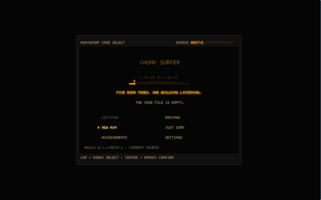 Current beta title screen using Chunk Surfer's amber VFD case-select panel